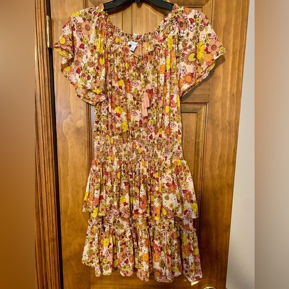 Patrons of Peace Retro Floral Boho Tiered Ruffle Smocked Waist Mini Dress Small - Picture 2 of 6